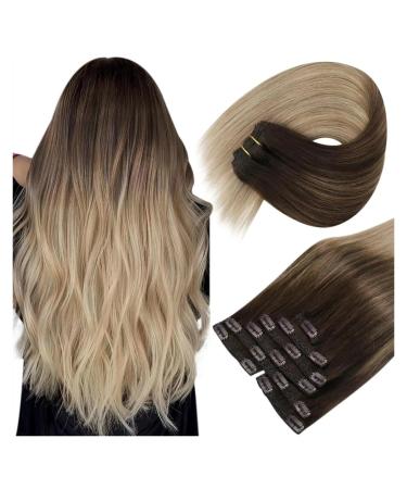 Hair Extensions 7 Pieces Human Hair Clip in Hair Extensions Ombre Brown Blonde Clip in Extensions Dark Brown Balayage Golden Blonde Ombre Platinum Blonde 12-24 inch Hair Pieces(24 Inches) 24 Inches 105g-Set