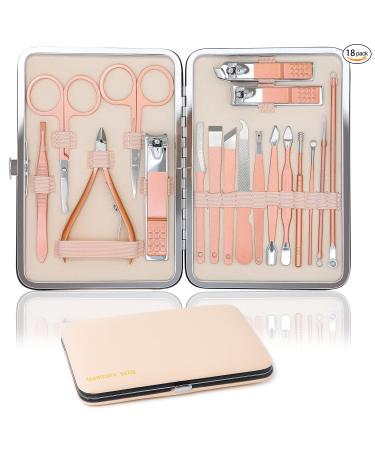 Manicure Set Toenail Clippers Professional Grooming Kit Premium Stainless Steel Cuticle Trimmer Nail Tools 18in1 With Leather Travel Case For Men And Women,Finger Foot Face Care Gift (Pink)