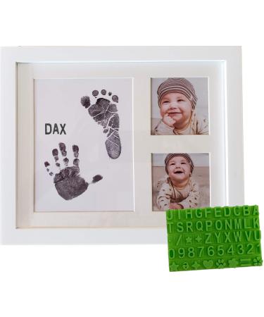 Ultimate Baby Ink Handprint Footprint Kit & Frame  with Premium Stencil to Personalize, Photo Picture Frame, Safe Ink Pad Stamp, Paper & Gift Box. for Baby Shower, Newborn, New Mom, Registry Gift.