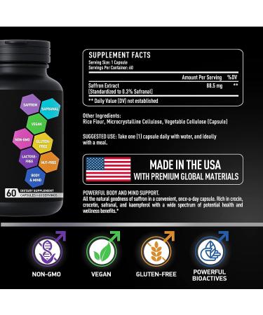Premium Saffron Supplement Capsules - 88.5mg Safranal, Crocin, Crocetin, Kaempferol - Gluten-Free & Non-GMO - 60 Vegan Capsules - Buy Online on GoSupps.com