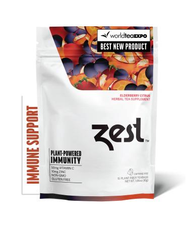 Zest Immune Support Herbal Tea - Natural Plant-Powered Immunity Booster Supplement - Elderberry Citrus 15-Ct Tea Bags - Vitamin C + Zinc - Organic Calendula & Rosehip Wellness Blend