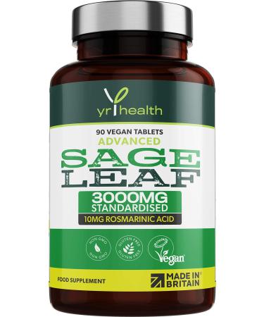 Sage Tablets 3000mg High Strength for Hot Flushes Night Sweats Perimenopause & Menopause Symptoms - 90 Vegan Tablets not Capsules - Standardised 10mg Rosmarinic Acid - Made in The UK by YrHealth