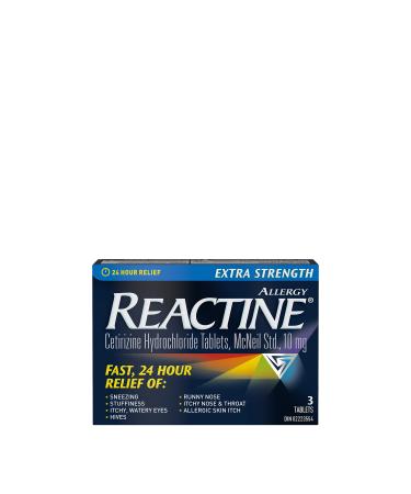 reactine Extra Strength Antihistamine Tablets - 10mg Cetirizine Hydrochloride - 24 Hour Allergy Relief Medicine - 3 Count white