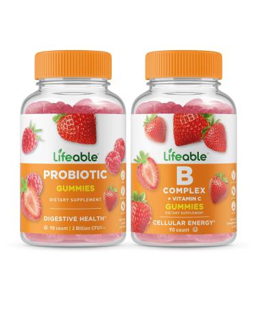 Lifeable Probiotic 2 Billion CFU + B Complex Gummies Bundle - Great Tasting Vitamin Supplement Gluten Free GMO Free Chewable Gummy