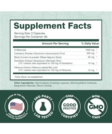 PurePremium D-Mannose with Cranberry Hibiscus & Dandelion - 1000mg D-Mannose Supplements for Women Supports Urinary Tract Health & Bladder Health - Made in USA Vegan 120 Capsules 2 Month Supply - Buy Online on GoSupps.com