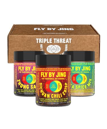 FLY BY JING Triple Threat Trio of Addictive Sichuan Sauces, Great Gift for Hot Sauce Fans, Set Includes: 100% All-Natural Sichuan Chili Crisp, Zhong Sauce, Mala Spice Mix