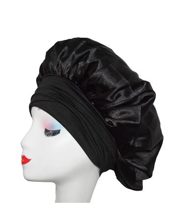 Queen Black Silk Bonnet - Satin Hair Bonnet for Sleeping - Stretchy Tie Band - Medium Size - Buy Online on GoSupps.com