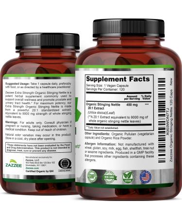 Zazzee USDA Organic Stinging Nettle 20:1 Extract 9000 mg Strength 120 Vegan Capsules 4 Month Supply Concentrated Standardized 20X Extract Certified Organic 100% Vegetarian All-Natural Non-GMO - Buy Online on GoSupps.com
