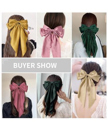 Satin Hair Barrettes Clip for Women - 4 PCS Large Bow Hair Slides in Pink Green Yellow Champagne - French Barrette with Long Tail - Soft Plain Color Bowknot Hairpin for 90's Style Accessories - Buy Online on GoSupps.com