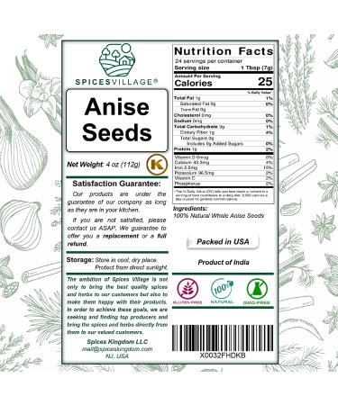 Anise Seeds (4 oz) - Premium Whole Anise for Baking, Cooking, and Tea - Kosher, Gluten-Free, Vegan - Non-GMO - Resealable Bag - Spices Village - Buy Online on GoSupps.com