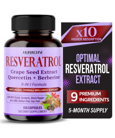 RESVERATROL 9-in-1 Formula - with Milk Thistle Turmeric Black Pepper Non-GMO Gluten-Free Soy-Free 150 count (pack of 1)