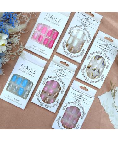 6 Packs (144Pcs) Medium Length French Design Press on Nails Set with 5D Flower Nail Art Sticker - White Purple Gold Blue Pink Gradient Flash Fake Square Glue on Nails - Buy Online on GoSupps.com