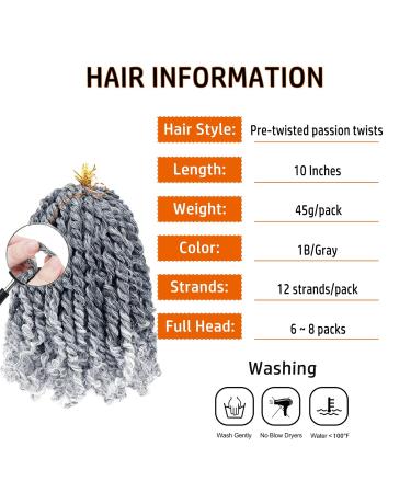 Dorsanee Pre-twisted Passion Twist Hair 10 Inch 8 packs for Women - Gray Synthetic Curly Crochet Extensions - Pre-looped Crochet Braids - Short Passion Twists - 1B/Gray - Buy Online on GoSupps.com