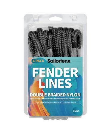 Sailortenx Boat Fender Lines 4 Pack 3/8" x 6FT- Boat Bumper Line Double Braided Nylon Fender Rope with 5" Eyelet Mooring Marine Rope for Boats Line & One End Can Be Spliced with Fenders to Used, Black Black 4PK Black 4PK