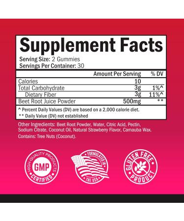 Organic Sugar-Free Beet Root Gummies with Coconut Oil for Energy & Health - Strawberry Flavor - Made in USA - 60 Count - Buy Online on GoSupps.com