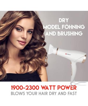 alpina Hair Dryer 19002300W Hairdryer with 3 Heat Settings Hair Dryer with Cool Shot Hair Dryer incl Extra Blow Nozzle and Hanging Loop WhiteRos  - Buy Online on GoSupps.com