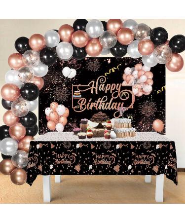 Rose Gold Happy Birthday Fabric Sign Banner with Tablecloths & Balloons | Party Backdrop Decor Kit - Buy Online on GoSupps.com