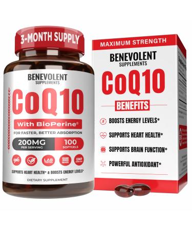 Benevolent Pure CoQ10 200mg Softgels with BioPerine for Max Absorption Ubiquinone Coenzyme Q10 Supplement for Heart Health Energy Production Healthy Aging & Antioxidant Support 100 Softgels 100 Count (Pack of 1)