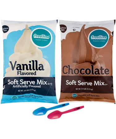 Frostline Lactose Free Soft Serve Mix Variety, Chocolate and Vanilla, 6 lb Bags with By The Cup Mood Spoons