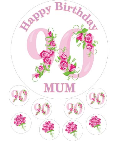 cdb 90th Birthday pink roses Round 7.5 Inch with 8 smaller cupcake toppers edible Iced Topper Frosting Icing Personalised