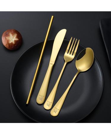 Boulder Bee Camping Utensil Set - Stainless Steel Flatware for Outdoor Picnics - Travel Silverware Set with Case - Includes Knife, Fork, Spoon, Straw, Cleaning Cloth - Gold - Buy Online on GoSupps.com