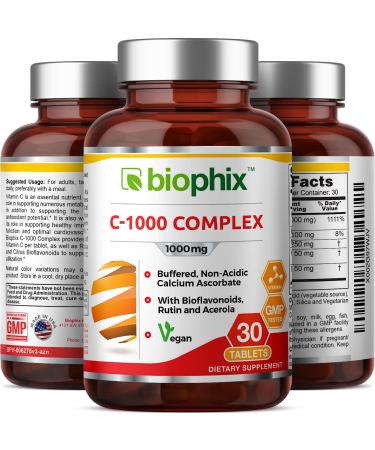 Biophix Vitamin C-1000mg Complex - Vegan with Calcium, Citrus Bioflavonoids, Acerola Rutin | 30 Tablets - Immune Health Support - Buy Online on GoSupps.com