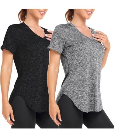 Deaviya Women's Sport T-Shirt - V-Neck Fitness Shirt for Gym Yoga & Workout - Black & Gray XL - Buy Online on GoSupps.com