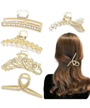 5 Pcs Large Metal Hair Claw Clips with Shiny Pearl and Rhinestone - Non-Slip Hair Clamps for Thin and Thick Hair - Cat's Eye Opal Stone Hair Hold Clip for Women - Buy Online on GoSupps.com