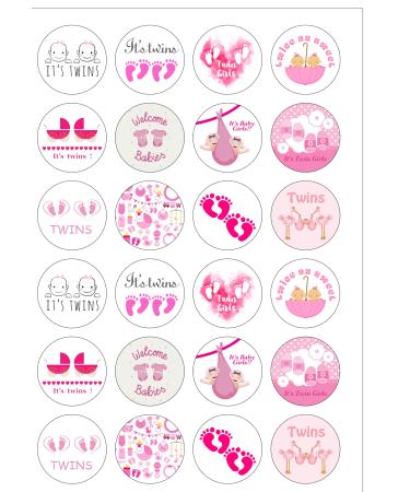 24 Pre-Cut IT'S TWIN GIRLS BABY SHOWER Themed Edible Wafer Paper Cake Toppers Decorations