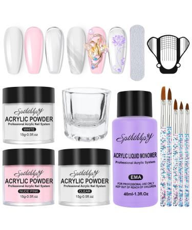 SPTHTHHPY Acrylic Powder and Liquid Set - Acrylic Nail Kit with 3 Colors Pink White Clear Professional Monomer Acrylic Nail Brush Nail Forms for Acrylic Nails Extension Beginner Kit