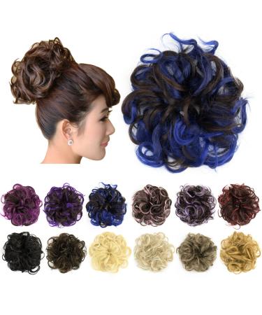 IMISSU 2PCS Messy Bun Hair Piece Updo Fake Scrunchies Ponytail Extension Wavy Curly Hairpieces Chignon Headband for Women Girls (2PCS Brown Blue)