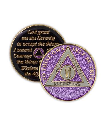 6 Year Sobriety Coin | Glitter Triplate AA Chip Recovery Anniversary Token (Purple)