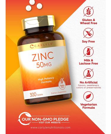 Carlyle Zinc 50mg 300 Tablets - Vegetarian, Non-GMO, Gluten Free Zinc Gluconate Supplement - High Potency Formula - Buy Online on GoSupps.com
