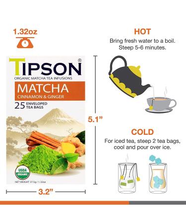 Tipson Organic Matcha Green Tea with Cinnamon and Ginger - 25 Foil Enveloped Bags - Keto/Paleo Friendly - Buy Online on GoSupps.com