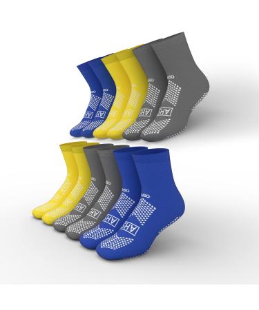 AHS American Hospital Supply Grippy Socks   Hospital Socks Assorted Colors  One Size Fits Most  Polyester-Spandex Knit with Elastic Cuff | 6 Pairs of Anti-Slip Socks One Size Fits Most Assorted (Yellow  Blue  Gray) - Pac...