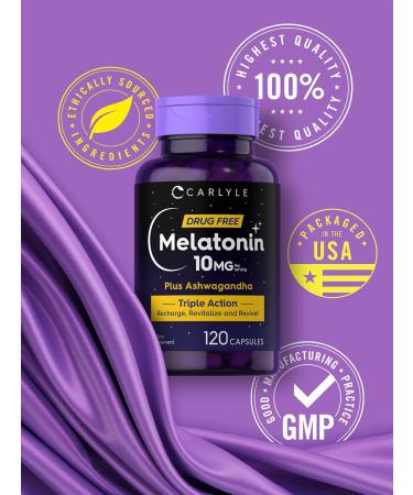 Carlyle Melatonin 10mg | 120 Capsules | with Ashwagandha | Triple Strength Formula | Non-GMO Gluten Free Supplement - Buy Online on GoSupps.com