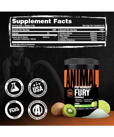 Animal Fury Pre Workout Powder - Kiwi Lime 350mg Caffeine BCAA Amino Acids 2g Beta Alanine Citrulline & Tyrosine Energy Focus Strength Endurance Preworkout for Men & Women 30 Servings NEW - Kiwi Lime 30 Servings (  - Buy Online on GoSupps.com