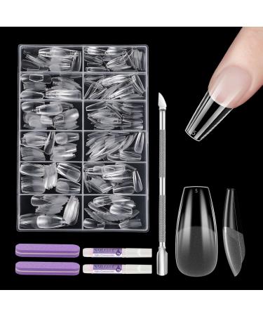 EARLMONI Medium Ballerina Nails Tips Set - 432 pieces Full Cover Soft Gel Nail Tips with Glue Nail File Cuticle Pusher 12 Sizes Prepolished Artificial Nails For Gluing Nail Art DIY