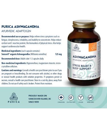 PURICA Ashwagandha with Sensoril - Natural and Organic Stress Relief Supplement Ideal for Men and Women 120 Vegan Capsules - Buy Online on GoSupps.com