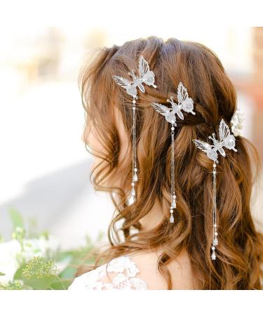 8 Pcs Silver Butterfly Hair Clips - Decorative Metal Tassel Barrettes for Women, Girls, Bride - Wedding Hair Accessories - Buy Online on GoSupps.com