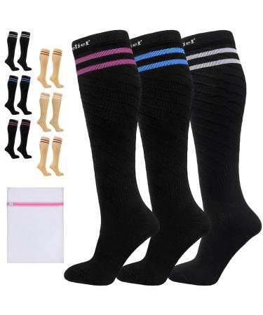 360 RELIEF - Flight Compression Socks Supports | Blood Circulation Travel Work L-XL White+Blue+Pink