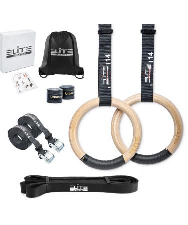 Elite Athletics Wood Gymnastic Rings 32mm and 28mm Grip with Adjustable Numbered Straps + Grip Tape + Pull Up Resistance Bands + Drawstring Carry Bag 32mm diameter