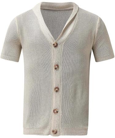 Men's Summer Lightweight Mesh Wool Knit Cardigan Sweater - England Style Short Sleeve Shirt (Yellow, Large) - Buy Online on GoSupps.com