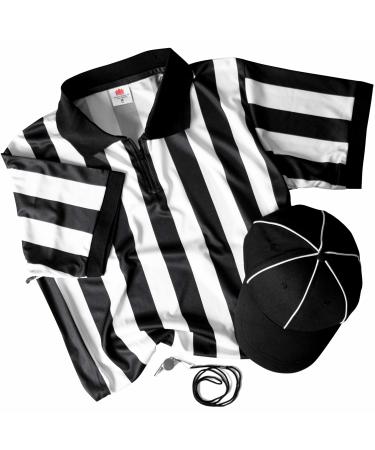 Referee Necessities Men's Bundle - Black & White Striped Official Jersey, Umpire Hat, & Stainless Steel Ref Pea Whistle with Lanyard - Pro/Amateur Team Sports Costume Apparel Kit for Men Small