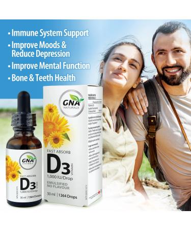 GNA Naturals - Fast Absorb Vitamin D3 1 000 Iu/Drop - Emulsified No Flavour 30ml/ 1364 drops 30 milliliter - Buy Online on GoSupps.com
