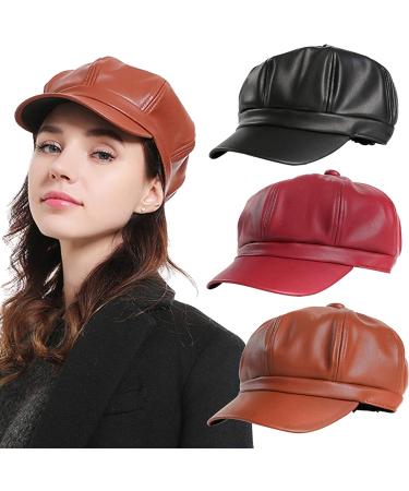 FaLasoso Women PU Leather Beret Newsboy Cap - Vintage Octagonal Flat Gatsby Driving Hat (Black/Wine Red) - Buy Online on GoSupps.com