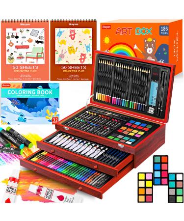 Art Supplies 186-Pack Deluxe Art Set with 2 A4 Drawing Pads 1 Coloring Book 24 Acrylic Paints Crayons Colored Pencils Creative Gift Box for Adults Artist Beginners Kids Girls Boys Brown