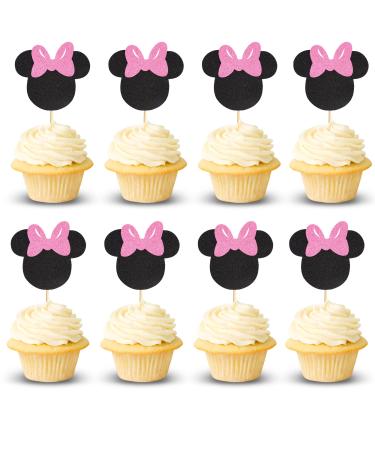 Arthsdite 24Pcs Mouse Inspired Cupcake Toppers with Pink Bow Black Glitter Mouse Cake Decorations for Baby Shower Wedding Kids Birthday Party Cake Decorations Supplies - Black Glitter