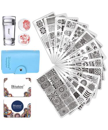 Nail Stamp Kit - Biutee Nail Art Stamping Plate Kit Jelly Silicone Stamper Nail Design Stencils Printer Scraper Storage Bag Tool Set StampTemplate with Flower Line Series 2