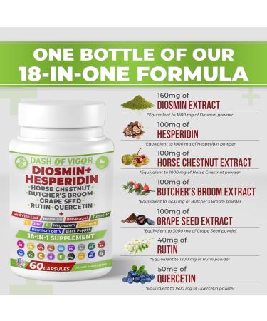 Dash of Vigor 18-in-1 Diosmin Hesperidin Supplement, Quercetin with Bromelain, Zinc, Vitamin C with Rutin Supplement, Horse Chestnut Extract, Butcher's Broom Extract, USA, 60 Capsules - Buy Online on GoSupps.com